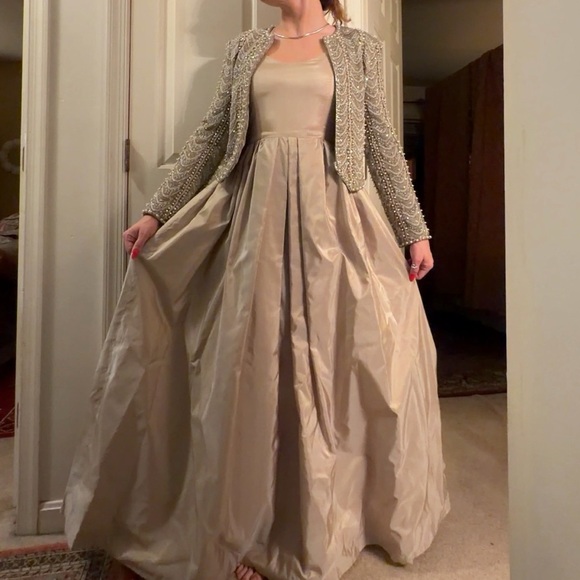 Victoria Royal Ltd Dresses & Skirts - Victoria Royal Beige Evening Gown with Beaded Jacket